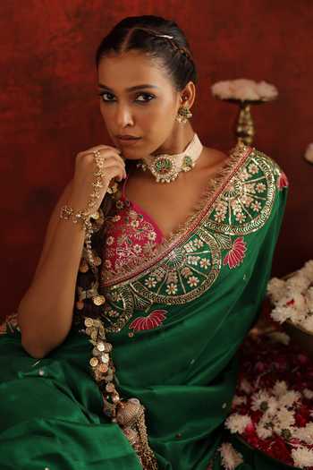 Shop_Aaroh By Dolly_Green Silk, Dupion Embroidery, Sequins, Pearls Padmira Saree With Corset 