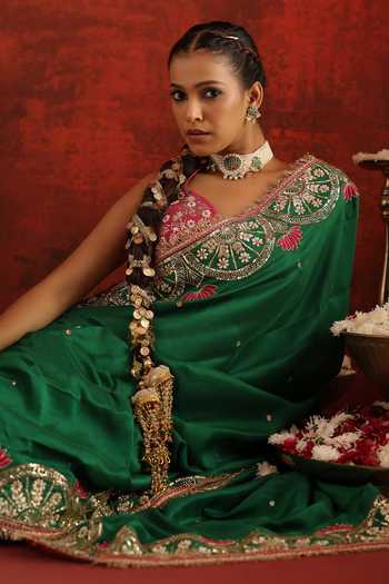 Aaroh By Dolly_Green Silk, Dupion Embroidery, Sequins, Pearls Padmira Saree With Corset _Online