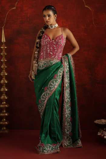 Buy_Aaroh By Dolly_Green Silk, Dupion Embroidery, Sequins, Pearls Padmira Saree With Corset _Online