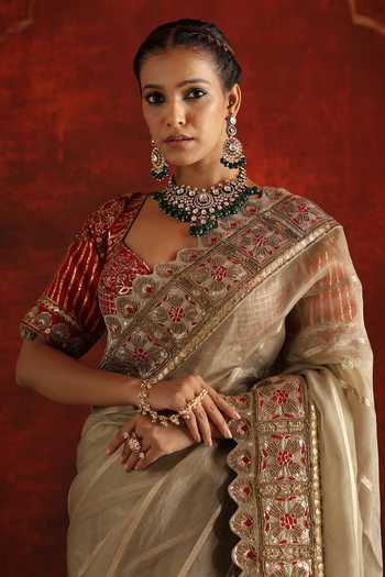 Aaroh By Dolly_Green Silk, Organza V-neck Vaidehi Embroidered Banarasi Saree With Blouse _Online_at_Aza_Fashions