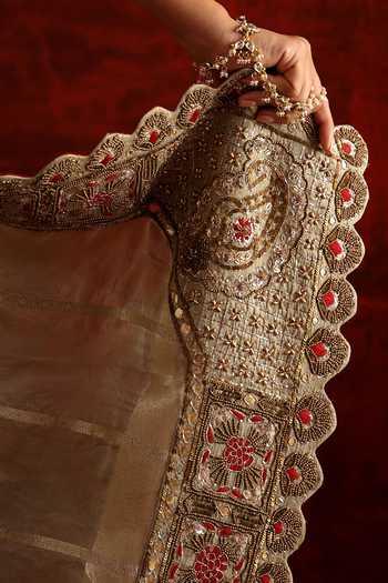 Aaroh By Dolly_Green Silk, Organza V-neck Vaidehi Embroidered Banarasi Saree With Blouse _at_Aza_Fashions