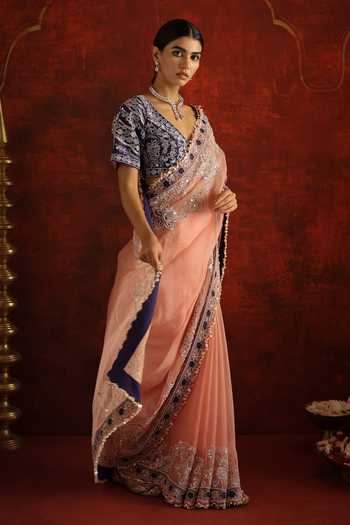 Buy_Aaroh By Dolly_Pink Silk V-neck Gulnoor Embroidered Saree With Blouse _at_Aza_Fashions