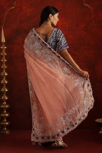 Shop_Aaroh By Dolly_Pink Silk V-neck Gulnoor Embroidered Saree With Blouse _at_Aza_Fashions