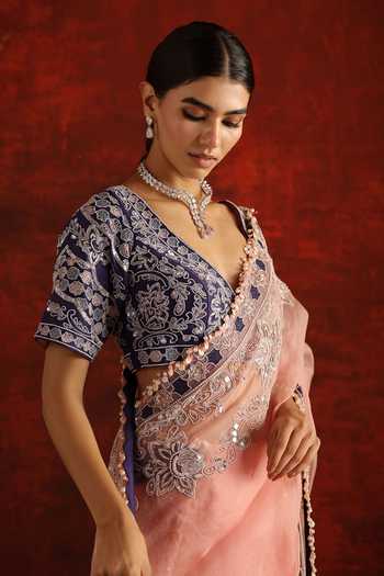 Aaroh By Dolly_Pink Silk V-neck Gulnoor Embroidered Saree With Blouse _Online_at_Aza_Fashions