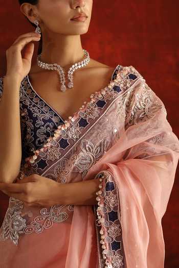 Buy_Aaroh By Dolly_Pink Silk V-neck Gulnoor Embroidered Saree With Blouse _Online_at_Aza_Fashions