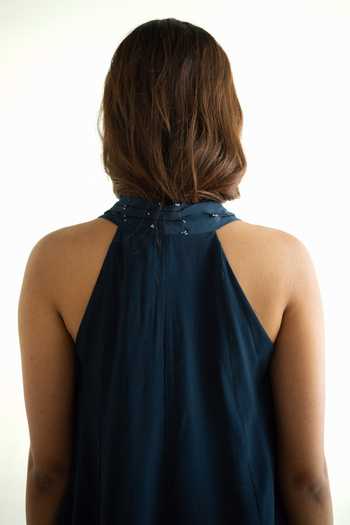 Buy_Forty Four_Blue Crepe Halter Neck Hand Embellished Top And Pant Set _Online_at_Aza_Fashions
