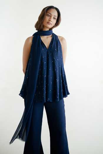 Shop_Forty Four_Blue Crepe Halter Neck Hand Embellished Top And Pant Set 