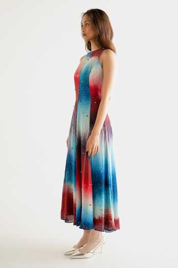 Forty Four_Multi Color Crepe High Neck Block Pattern Dress _Online_at_Aza_Fashions