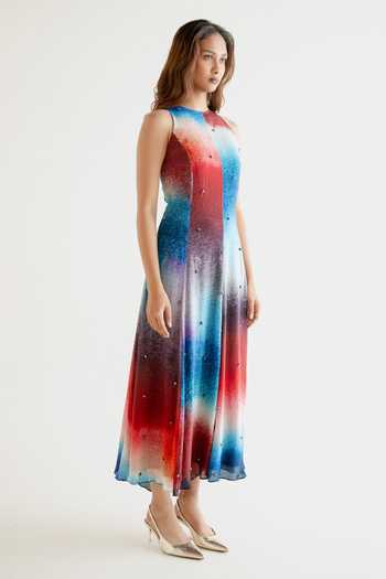 Buy_Forty Four_Multi Color Crepe High Neck Block Pattern Dress _Online_at_Aza_Fashions