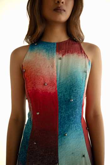 Forty Four_Multi Color Crepe High Neck Block Pattern Dress _at_Aza_Fashions