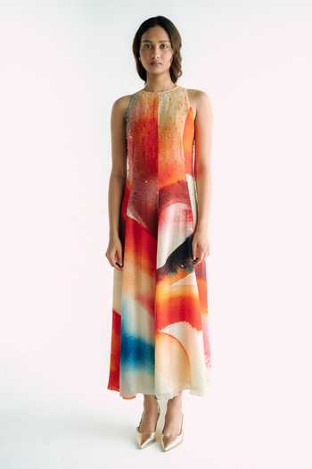 Buy_Forty Four_Multi Color Crepe Round Neck Hand Work Print Dress _at_Aza_Fashions