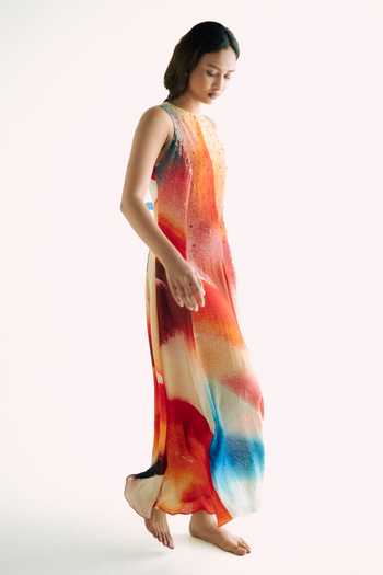 Forty Four_Multi Color Crepe Round Neck Hand Work Print Dress _Online_at_Aza_Fashions