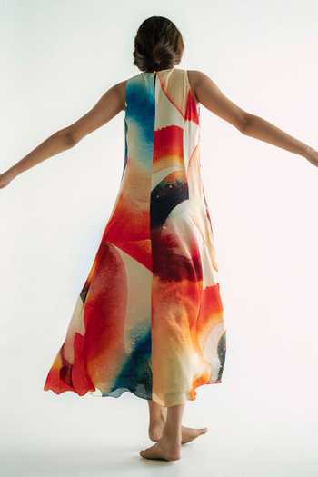 Buy_Forty Four_Multi Color Crepe Round Neck Hand Work Print Dress _Online_at_Aza_Fashions