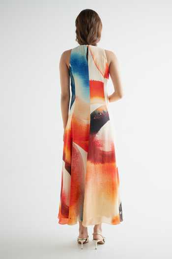 Shop_Forty Four_Multi Color Crepe Round Neck Hand Work Print Dress _at_Aza_Fashions