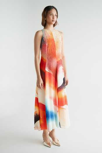 Forty Four_Multi Color Crepe Round Neck Hand Work Print Dress _at_Aza_Fashions