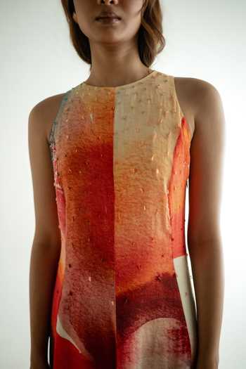 Buy_Forty Four_Multi Color Crepe Round Neck Hand Work Print Dress 