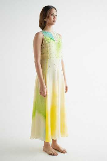 Forty Four_Multi Color Crepe High Neck Stone Embellished Ombre Dress _Online_at_Aza_Fashions