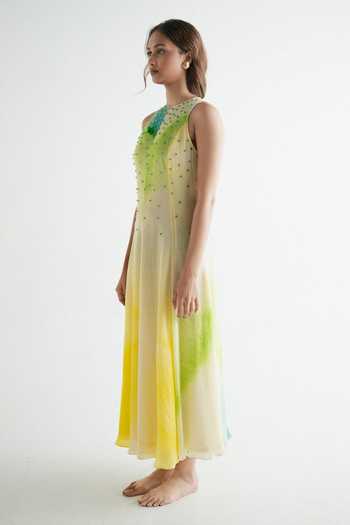 Buy_Forty Four_Multi Color Crepe High Neck Stone Embellished Ombre Dress _Online_at_Aza_Fashions