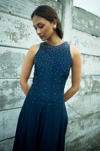 Forty Four_Blue Crepe High Neck Hand Work Embellished Dress _at_Aza_Fashions