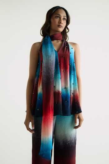 Forty Four_Multi Color Crepe Embroidery, Stones Halter Neck Ombre Gradient Top Pant Set _Online_at_Aza_Fashions