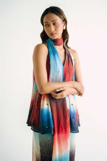 Forty Four_Multi Color Crepe Embroidery, Stones Halter Neck Ombre Gradient Top Pant Set _at_Aza_Fashions