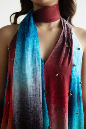 Forty Four_Multi Color Crepe Embroidery, Stones Halter Neck Ombre Gradient Top Pant Set _Online