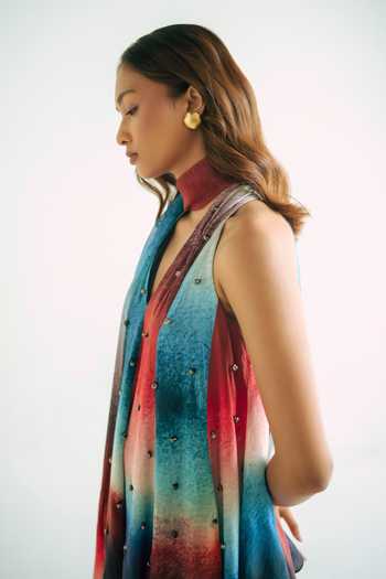 Buy_Forty Four_Multi Color Crepe Embroidery, Stones Halter Neck Ombre Gradient Top Pant Set _Online