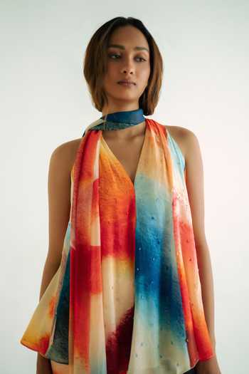Forty Four_Multi Color Crepe Stones Halter Neck Gradient Top And Pant Set  _Online_at_Aza_Fashions