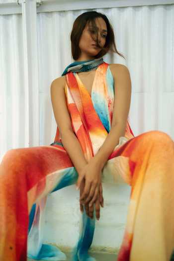 Forty Four_Multi Color Crepe Stones Halter Neck Gradient Top And Pant Set  _at_Aza_Fashions