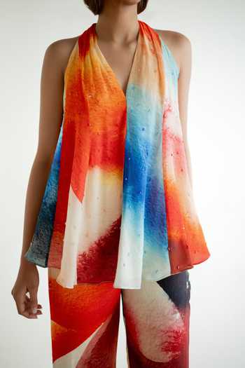 Shop_Forty Four_Multi Color Crepe Stones Halter Neck Gradient Top And Pant Set  
