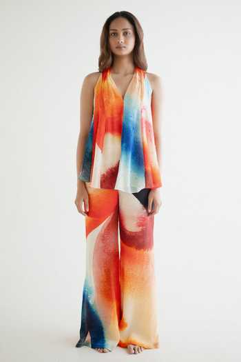 Forty Four_Multi Color Crepe Stones Halter Neck Gradient Top And Pant Set  _Online