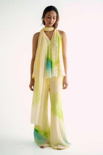 Forty Four_Multi Color Crepe Stones, Embroidery, Digital Gradient Pattern Top Pant Set _Online_at_Aza_Fashions