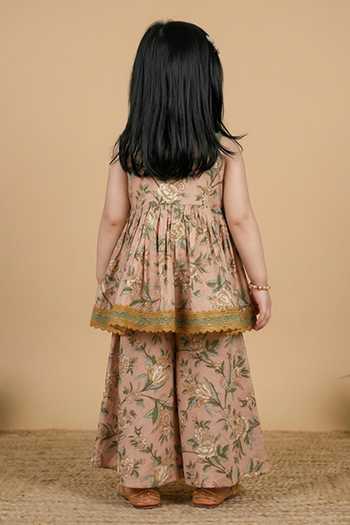 Shop_Byb Premium_Peach Cotton Floral Print Kurta And Sharara Set _at_Aza_Fashions