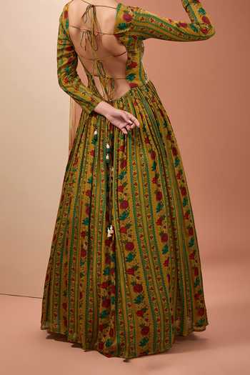 Buy Yellow Cotton, Viscose Embroidery Floral Print Backless Anarkali And Dupatta For Girls by Neha Khullar Online at Aza Fashions