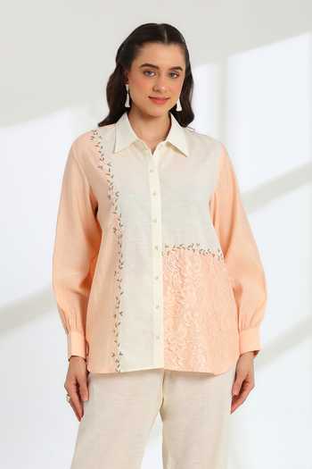 Buy_DAREISS_Beige Silk, Linen Collared Neck Florea Hand Embroidered Shirt And Pant Set 