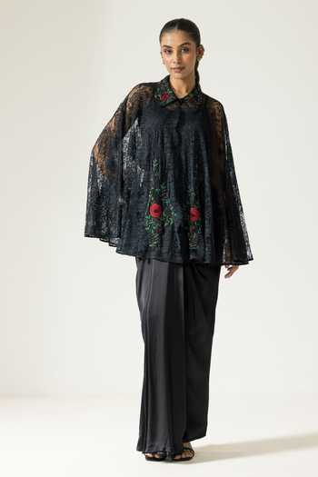 Buy_DAREISS_Black Silk, Satin, Lace Collared Neck Embroidered Cape Skirt Set _at_Aza_Fashions
