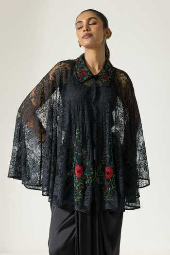 DAREISS_Black Silk, Satin, Lace Collared Neck Embroidered Cape Skirt Set _at_Aza_Fashions