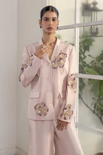 Buy_DAREISS_Pink Dupion, Silk Dynastia Hand Embroidered Blazer And Pant Set 