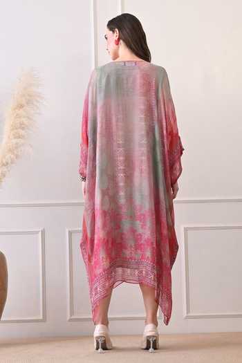 Shop_Peenacolada_Pink Georgette Split V-neck Hand Embellished Kaftan  _at_Aza_Fashions