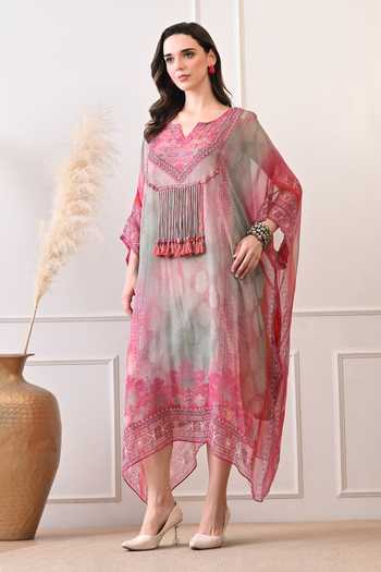 Peenacolada_Pink Georgette Split V-neck Hand Embellished Kaftan  _Online_at_Aza_Fashions