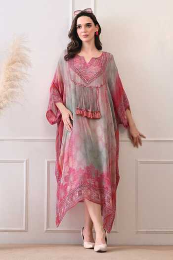 Buy_Peenacolada_Pink Georgette Split V-neck Hand Embellished Kaftan  _Online_at_Aza_Fashions