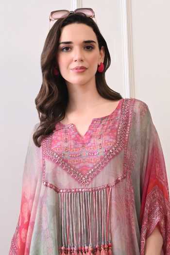 Shop_Peenacolada_Pink Georgette Split V-neck Hand Embellished Kaftan  _Online_at_Aza_Fashions