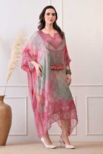 Peenacolada_Pink Georgette Split V-neck Hand Embellished Kaftan  _at_Aza_Fashions