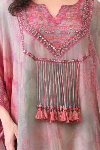 Buy_Peenacolada_Pink Georgette Split V-neck Hand Embellished Kaftan  