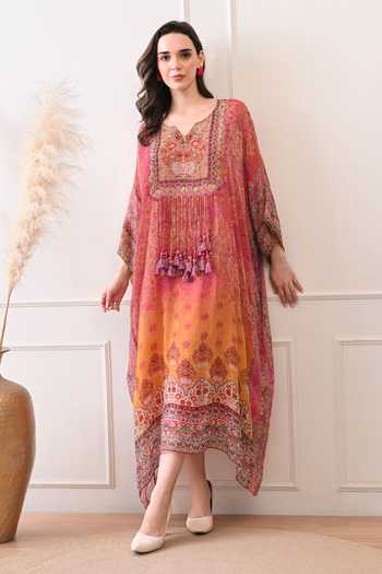 Buy_Peenacolada_Multicolor Georgette V-neck Hand Embellished Kaftan _at_Aza_Fashions