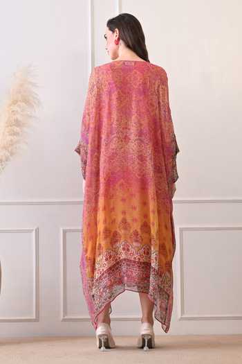 Shop_Peenacolada_Multicolor Georgette V-neck Hand Embellished Kaftan _at_Aza_Fashions