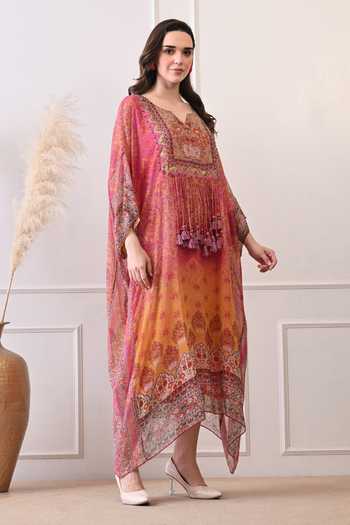 Peenacolada_Multicolor Georgette V-neck Hand Embellished Kaftan _Online_at_Aza_Fashions