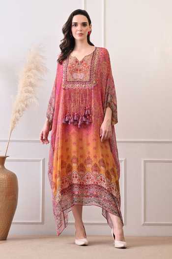 Buy_Peenacolada_Multicolor Georgette V-neck Hand Embellished Kaftan _Online_at_Aza_Fashions