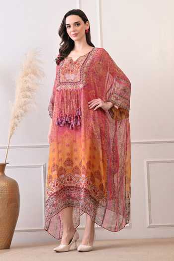 Shop_Peenacolada_Multicolor Georgette V-neck Hand Embellished Kaftan _Online_at_Aza_Fashions