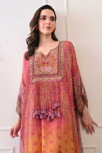 Peenacolada_Multicolor Georgette V-neck Hand Embellished Kaftan _at_Aza_Fashions